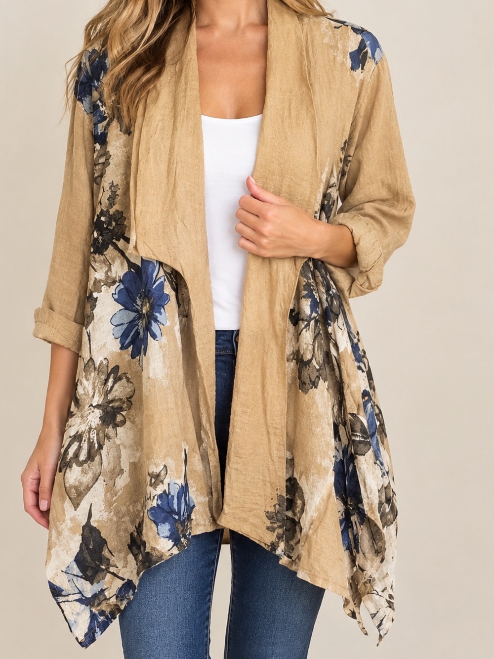 Made in Italy Linen Floral Long Duster Cardigan in Tan and Navy Blue